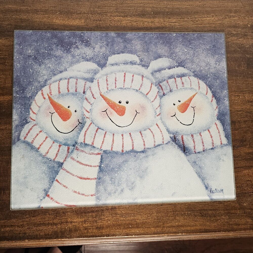 Pat Olson "Snowmen Three" Glass Cutting Board Winter Snowman Art Decor
